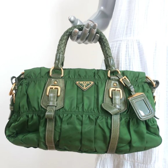 Prada Handbags - Prada Tessuto Gaufre Braided Handle Satchel Green Nylon Medium Crossbody Bag